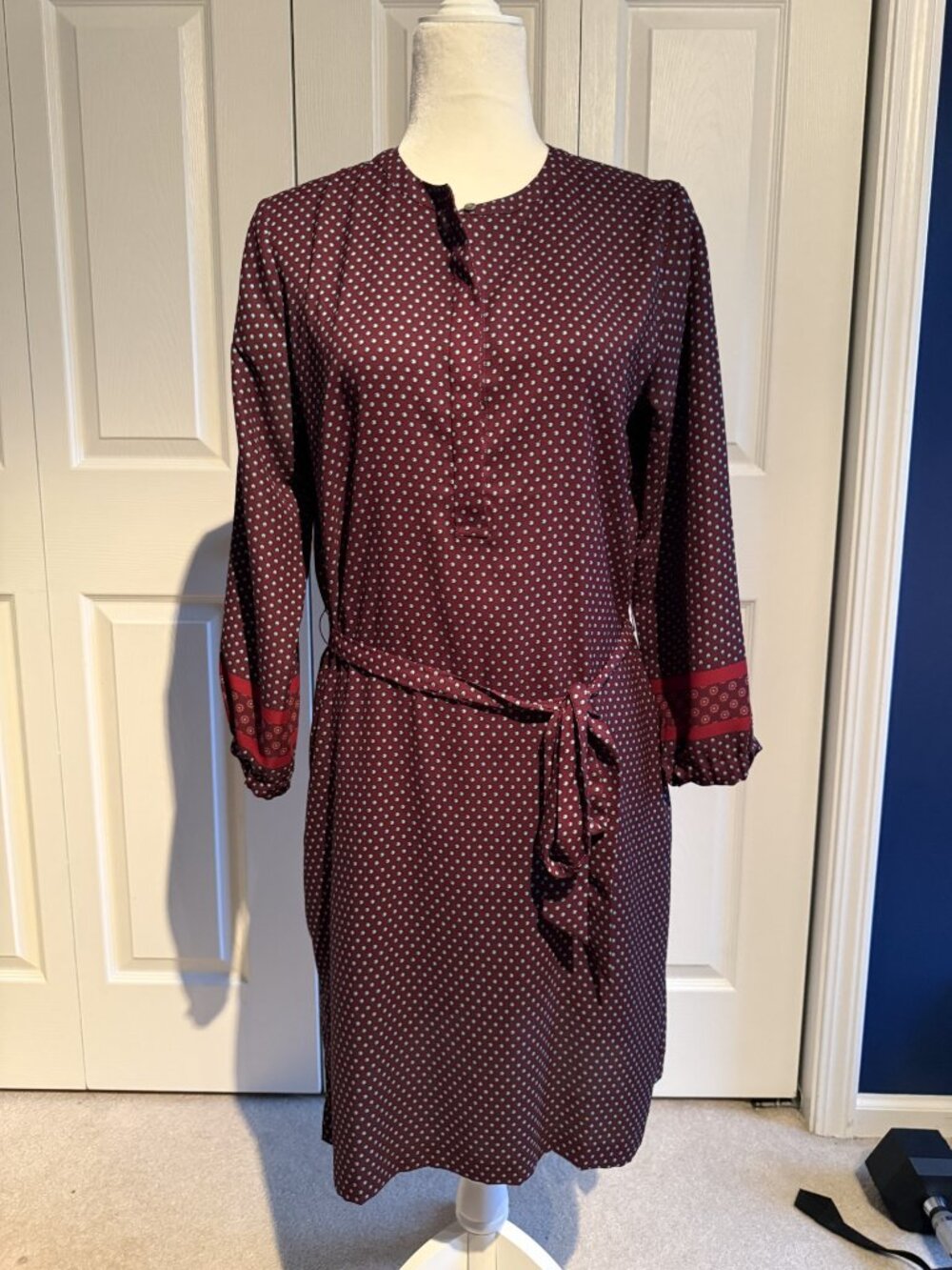 LOFT Shift Dress Burgundy Blue 3/4 Sleeve Women's Size Small Tie Waist Soft NWOT